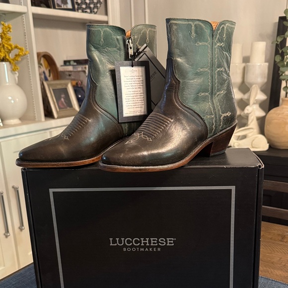Lucchese Shoes - Women's Lucchese Two-Tone Green and Brown Leather Western Ankle Boots BRAND NEW